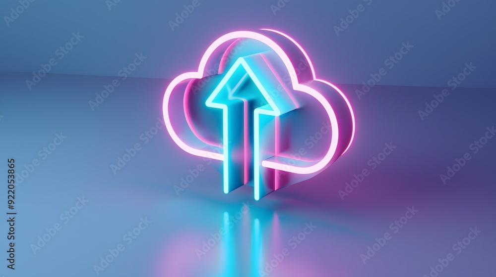 Poster futuristic neon cloud with uploading arrow, symbolizing modern data storage and transfer technology 
