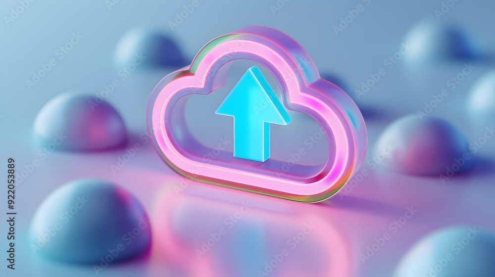 Poster futuristic neon glowing cloud icon with upload arrow, representing cloud storage and technology, sur