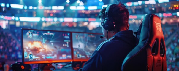 Enthusiastic esports players and fans in a high-tech stadium filled with excitement.