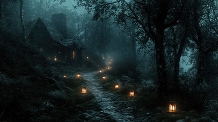 Fototapeta premium Eerie Forest Path with Glowing Lanterns Leading to Mysterious Cabin
