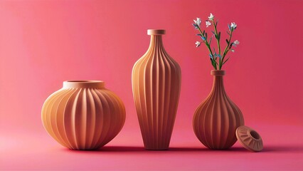 A set of ribbed ceramic vases on a vibrant pink background, showcasing minimalist design and elegant decor.