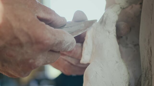 Closeup of unrecognizable male hands of sculptor with knife carving pottery sculpture in workshop