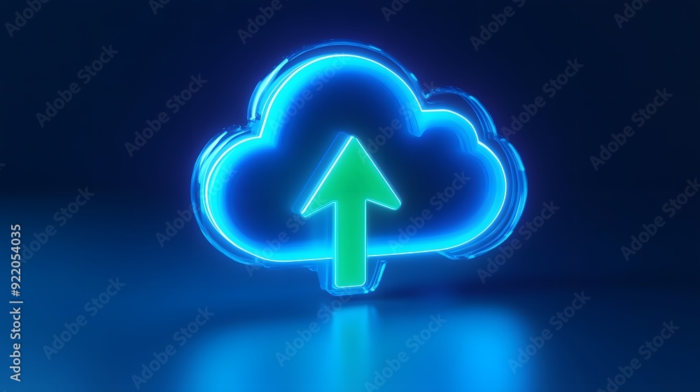 Poster glowing blue cloud icon with green upload arrow, symbolizing cloud storage and data upload in a futu