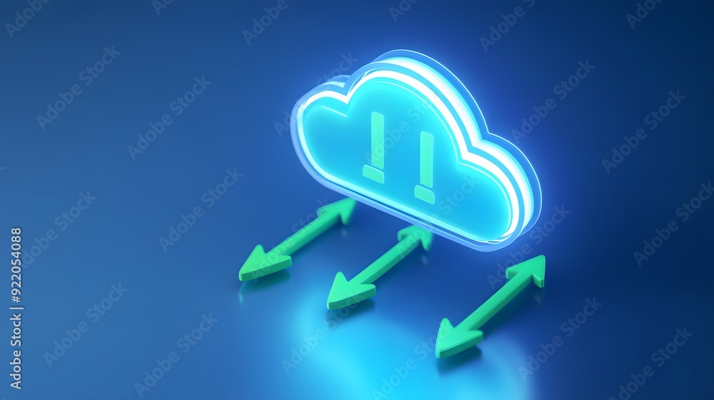 Poster glowing cloud computing icon with downward arrows representing data download and internet technology