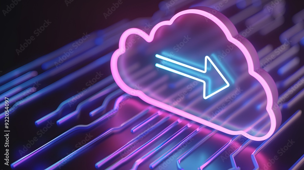Poster glowing cloud computing icon with an arrow, representing data transfer, on a futuristic digital back