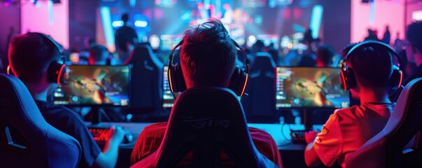 Enthusiastic esports players and fans in a high-tech stadium filled with excitement.
