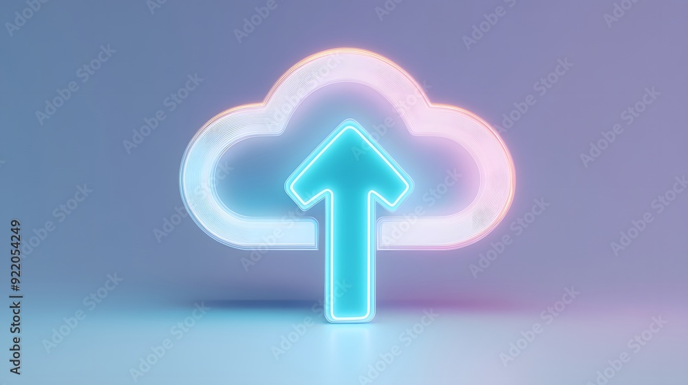 Poster glowing cloud icon with an upward arrow, representing cloud storage or data upload in a modern gradi