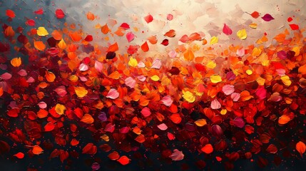 Abstract painting showing autumn leaves falling from a colorful forest