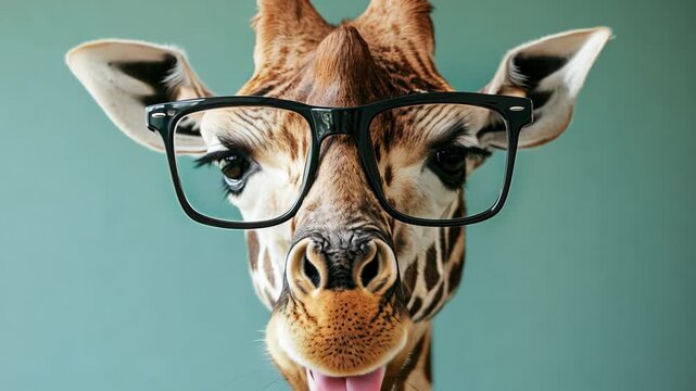 Giraffe wearing glasses interacts in a playful setting