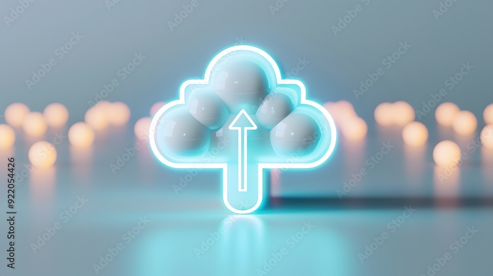 Poster glowing cloud icon with up arrow symbolizing cloud storage or online data uploading against a bokeh 
