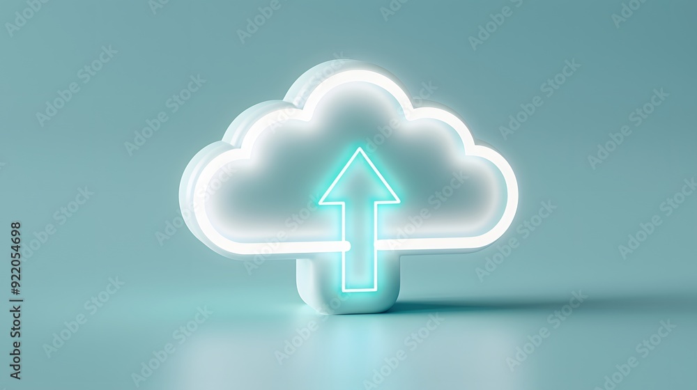 Poster glowing cloud with upward arrow symbolizing cloud computing, data storage, and network upload on a s