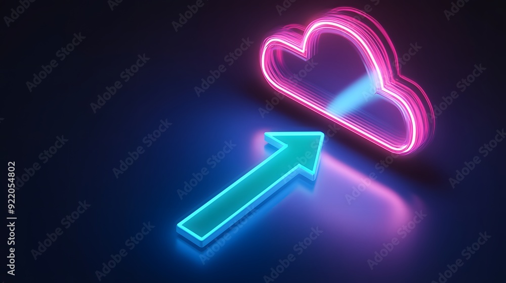 Poster glowing neon cloud computing concept with arrow upload symbol, digital data transfer and storage rep