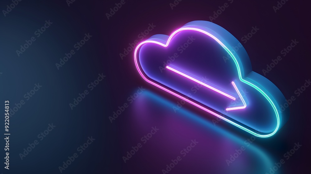 Poster glowing neon cloud download icon on dark background symbolizing cloud computing and data transfer. i