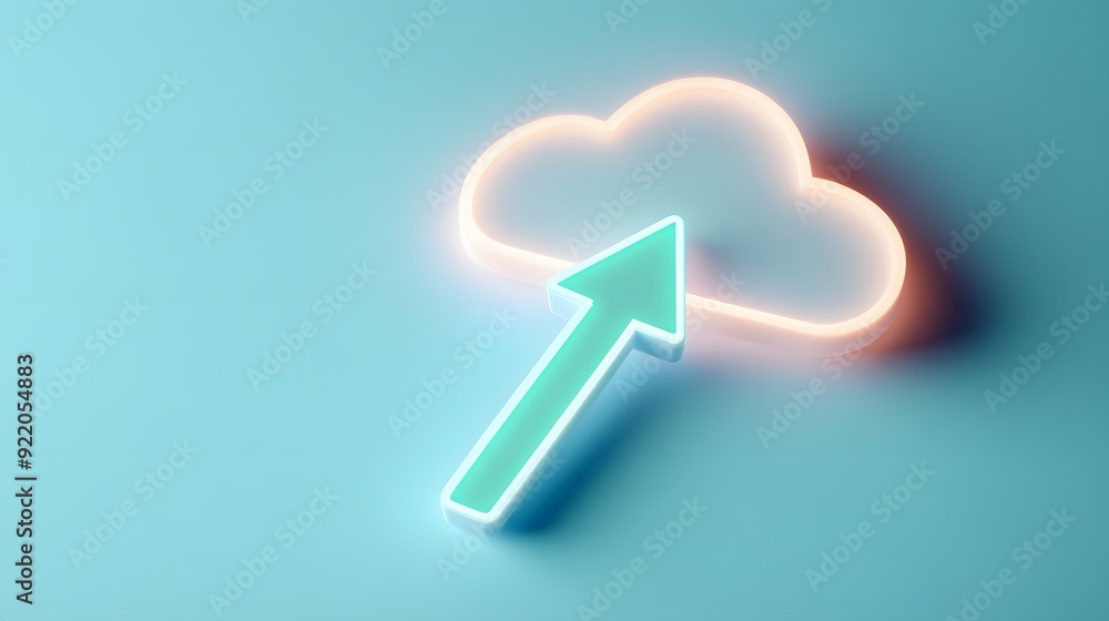 Poster glowing neon cloud icon with an arrow pointing up, representing cloud upload and data transfer on a 