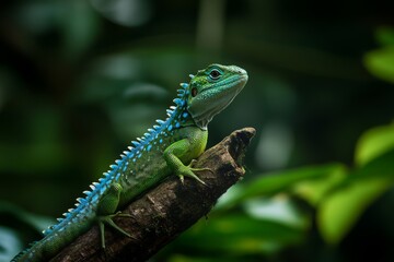 Naklejka premium Photo of a green dragon lizard on a branch in the jungle 