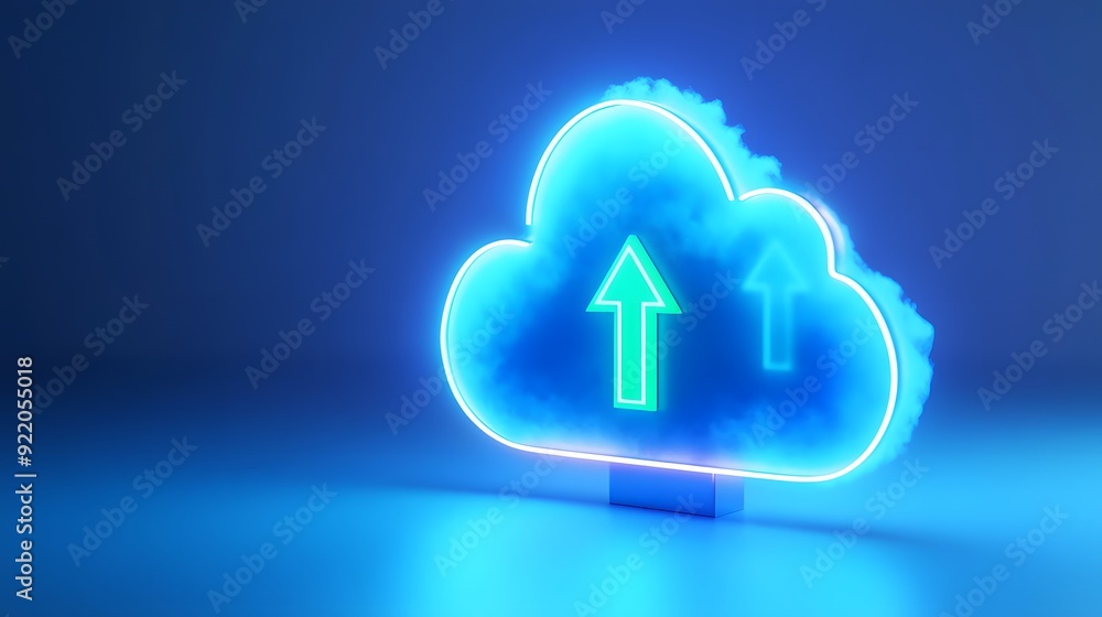 Poster glowing neon cloud icon with upload and download arrows, representing cloud computing, data storage,