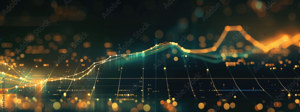 Aufkleber abstract financial data graph on a dark background with glowing orange and green lines and dots. con