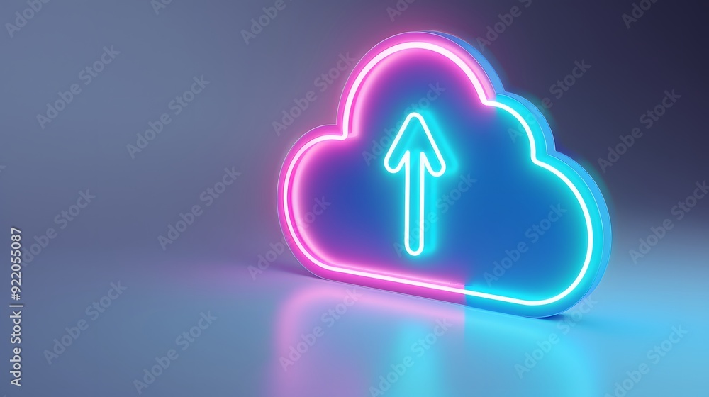 Poster glowing neon cloud upload icon in blue and pink hues representing cloud storage and data transfer on