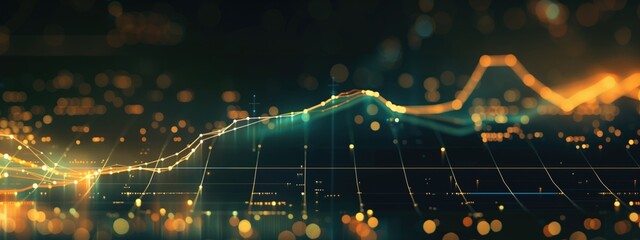 Abstract financial data graph on a dark background with glowing orange and green lines and dots. Concepts of data analysis, financial forecasting, and market trends.