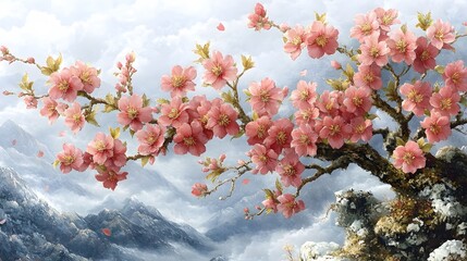 A painting of a cherry tree with pink flowers and a mountain in the background. The mood of the painting is serene and peaceful, with the cherry blossoms representing the fleeting beauty of nature
