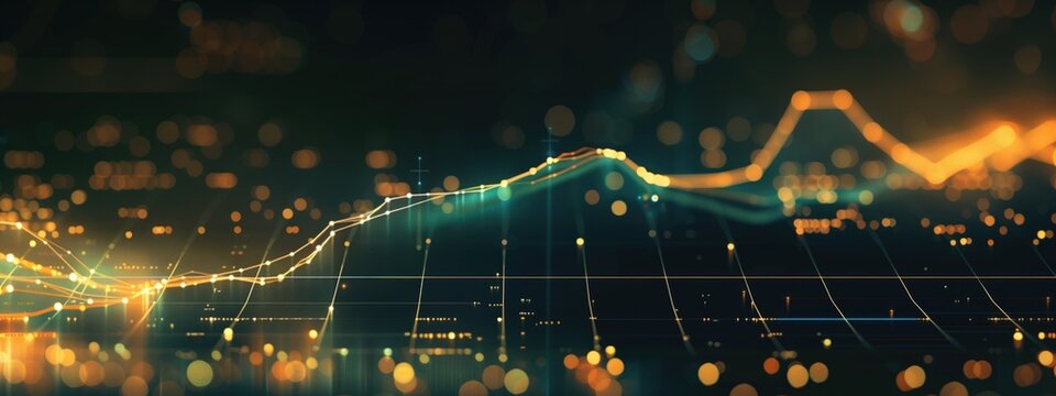 Abstract financial data graph on a dark background with glowing orange and green lines and dots. Concepts of data analysis, financial forecasting, and market trends.