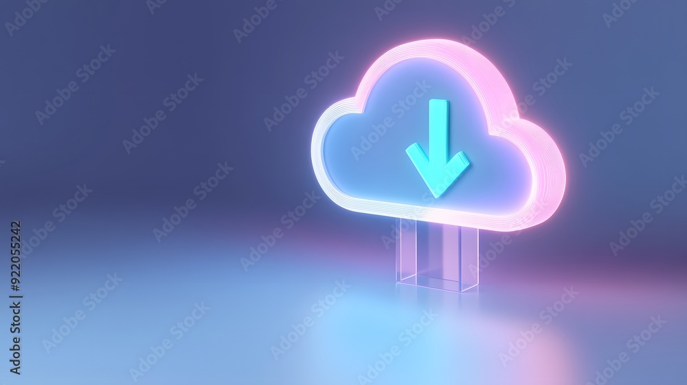 Poster glowing neon cloud with download arrow on a reflective surface, representing cloud computing and dat