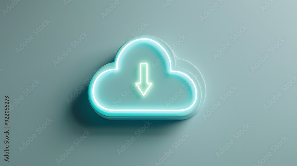 Poster glowing neon cloud with download arrow, symbolizing cloud computing and data storage, set against a 