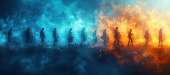 Silhouettes of People Walking Between Fire and Ice
