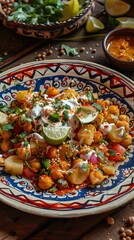 Naklejka premium Sev puri - Indian snack and a type of chaat. Popular in Mumbai pune from Maharashtra. it's a roadside food also served as a starter in restaurants. AI generated illustration