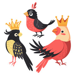 Birds with Crowns - Flat Vector Illustration