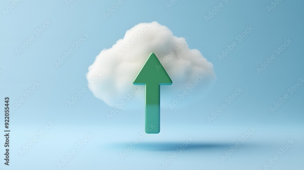 Poster Green arrow pointing up into a white cloud on a blue background, representing cloud computing and data storage.