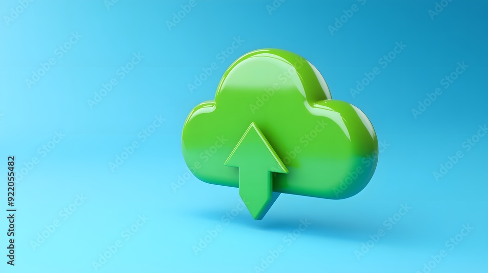 Poster green cloud upload icon on blue background. digital data storage and cloud computing concept. 3d ill