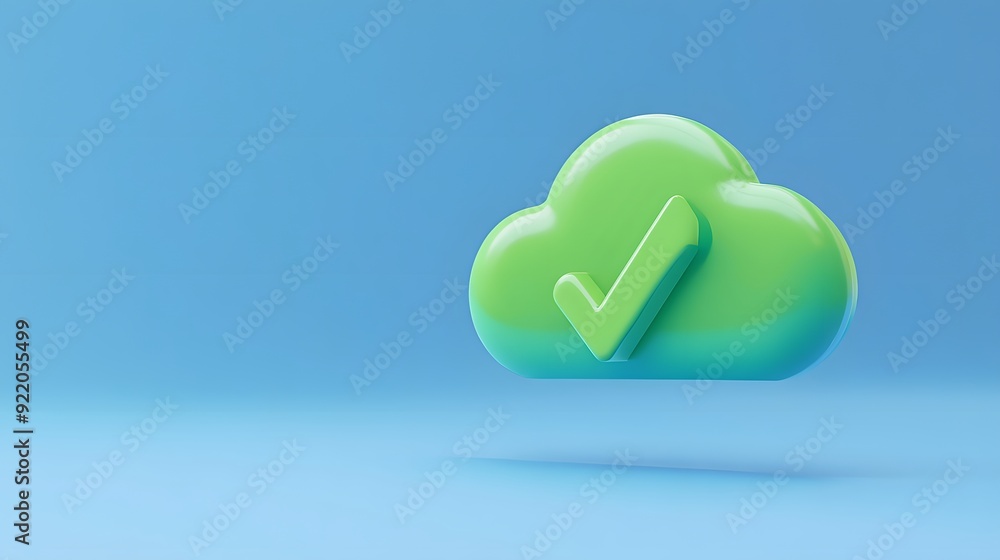 Poster green cloud with checkmark on blue background, symbolizing data verification, cloud computing, and t