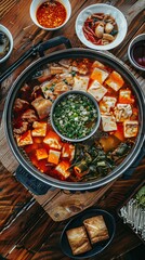 Overhead shot of Chinese Sichuan two-flavor hot pot, spicy and mushroom soup. Top view. AI generated illustration