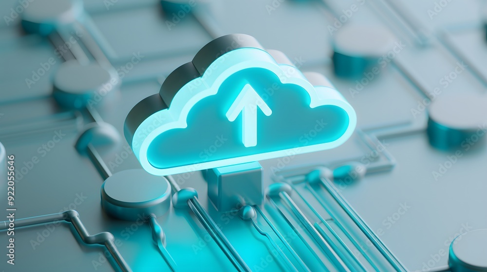 Poster high-tech illustration of cloud storage, showing neon blue cloud icon with upward arrow and circuit 