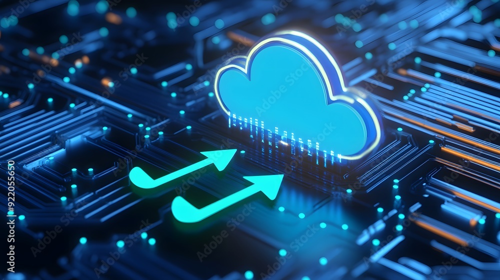 Poster illustration of a glowing digital cloud icon with up and down arrows, symbolizing data upload and do