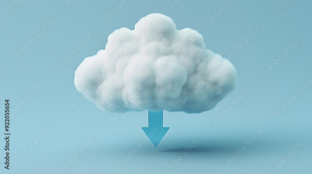 Poster illustration of a cloud with a downward arrow symbolizing cloud computing and data download on a blu