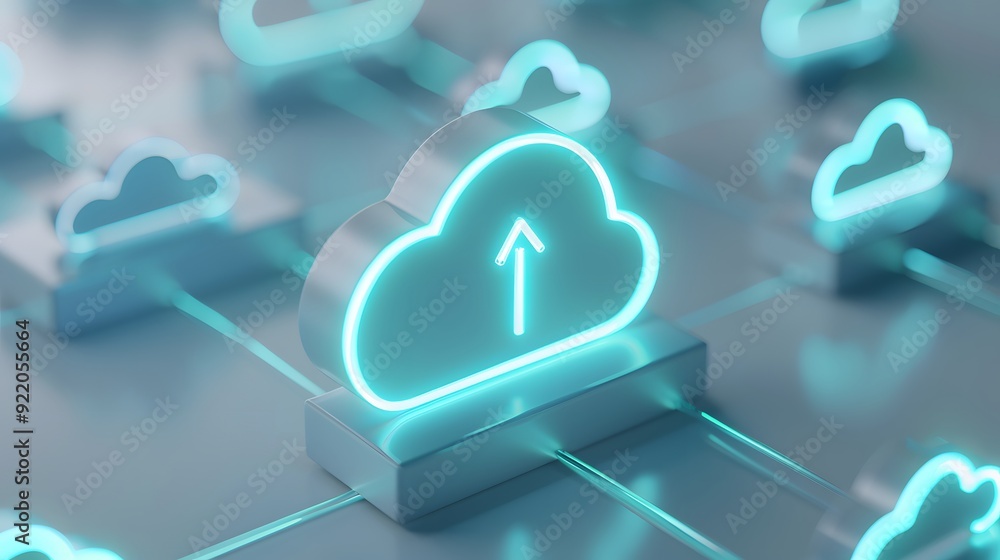 Poster illustration of multiple cloud icons with an upward arrow, symbolizing cloud computing, data transfe