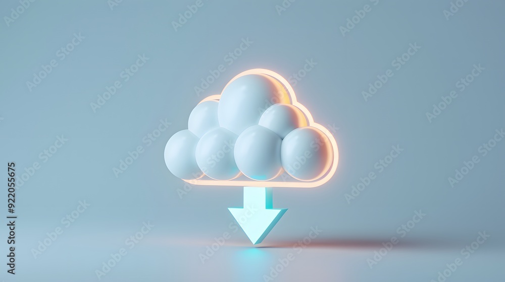 Poster minimalist 3d cloud icon with glowing outline and arrow, symbolizing cloud computing, data storage, 