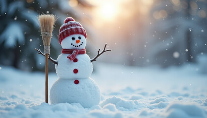Obraz premium A snowman in a red hat and scarf is standing with a broom in the snow with a blue sky and trees in the background.