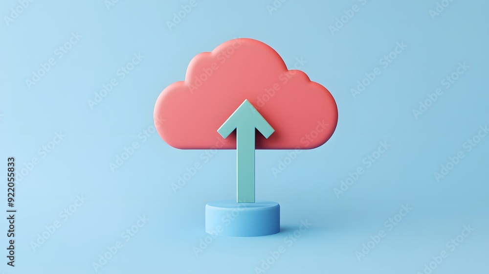 Poster minimalist 3d illustration of a red cloud with an upward arrow, symbolizing cloud computing and data