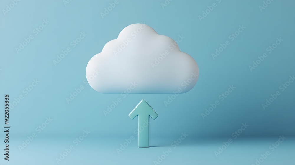 Poster minimalist 3d illustration of a cloud with an upward arrow, symbolizing cloud computing and data upl