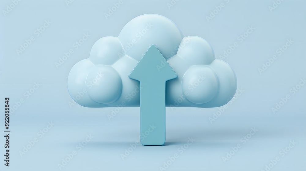 Poster minimalist 3d cloud with an upward arrow, symbolizing cloud computing and data upload on a light blu