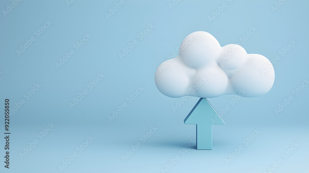 Poster Minimalist 3D representation of cloud storage with an arrow pointing upward, symbolizing data upload. Clean blue background.