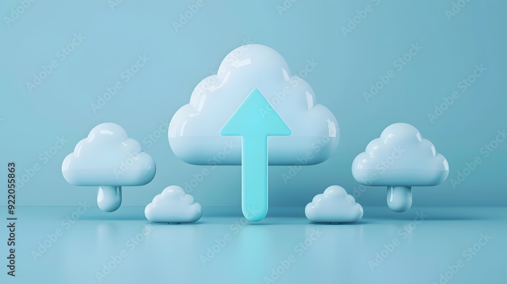 Poster minimalist 3d rendering of cloud computing concept with blue upload arrow and multiple clouds on a s