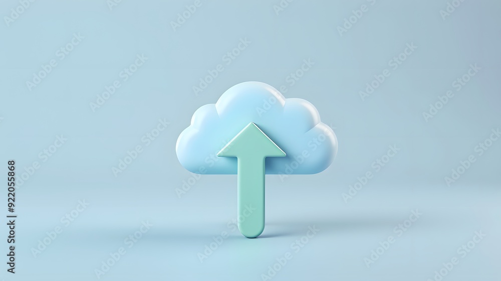 Poster minimalist blue cloud icon with upward arrow representing cloud storage, backup, and data upload on 