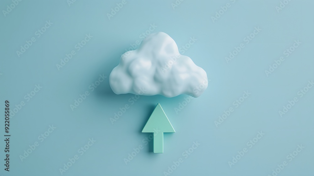 Poster minimalist cloud computing concept with a cloud icon and an upward arrow on a blue background, symbo