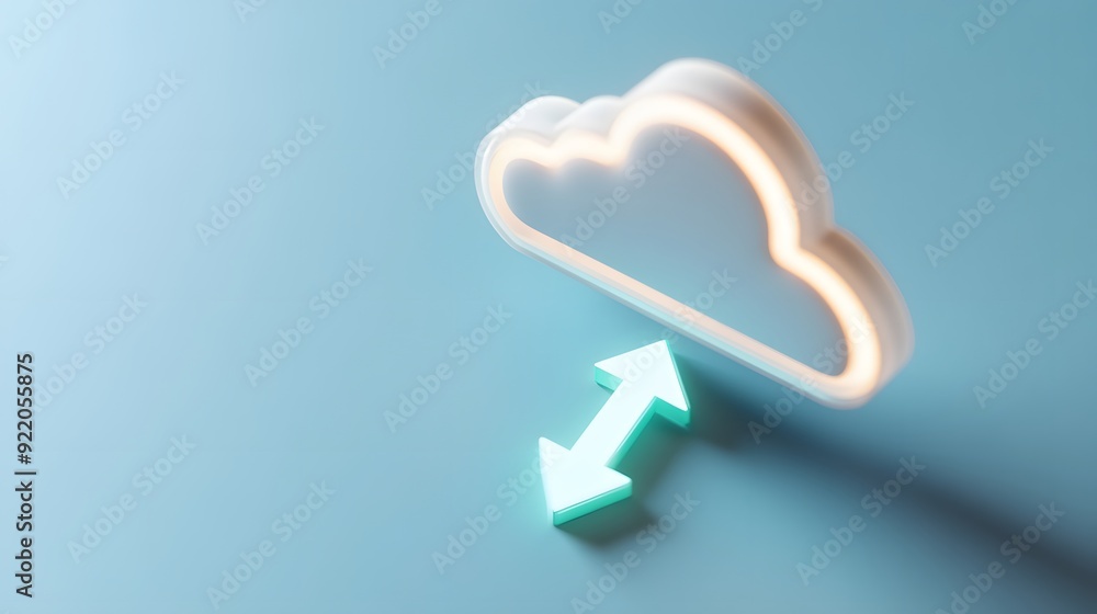 Poster minimalist cloud computing concept with glowing arrows representing data transfer on a blue backgrou