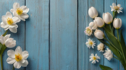 Obraz premium Gentle Blossoms: Rustic White Florals on Blue Wooden Backdrop