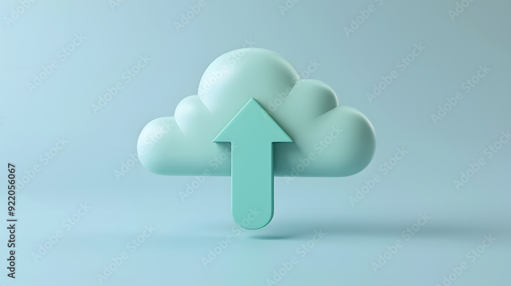 Poster minimalist cloud icon with an upward arrow symbolizing cloud storage and data upload, set against a 